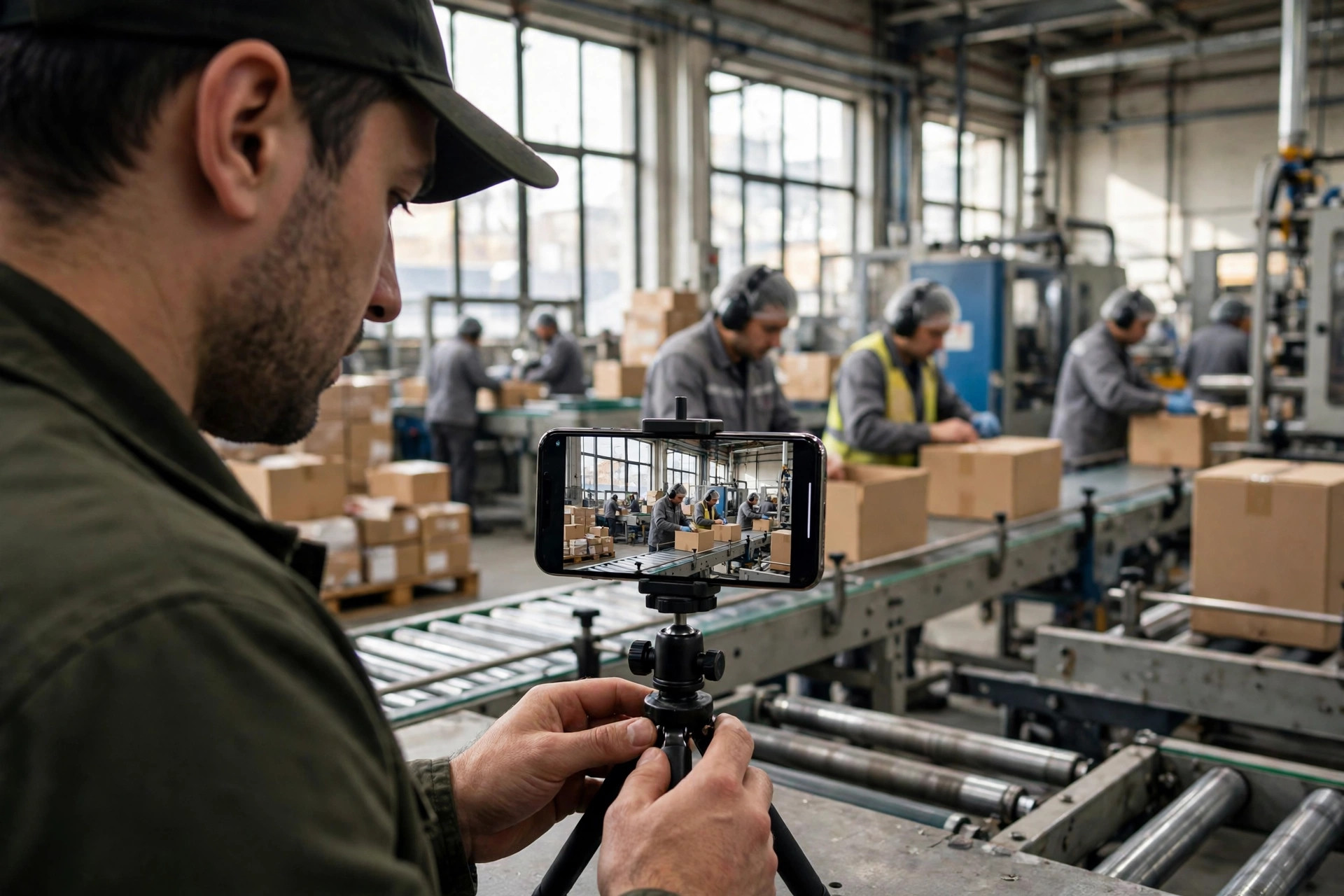 Filming a factory production line with a smartphone to create short videos for Instagram and YouTube